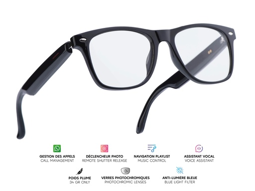 [MG005] Lunettes connectées Mogie. - Modèle Sirius - Branches noires avec monture noire et verres photochromiques