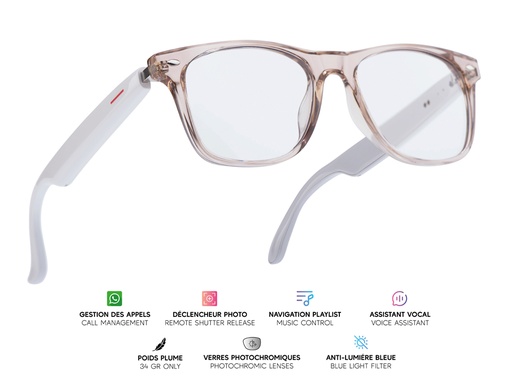 [MG006] Lunettes connectées Mogie. - Modèle Sirius - Branches blanches avec monture champagne et verres photochromiques