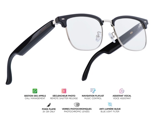 [MG008] Lunettes connectées Mogie. - Modèle Vega - Branches noires avec cerclage argenté et verres photochromiques