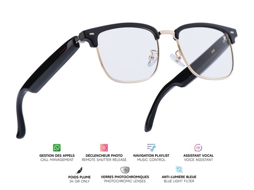 [MG009] Lunettes connectées Mogie. - Modèle Vega - Branches noires avec cerclage doré et verres photochromiques