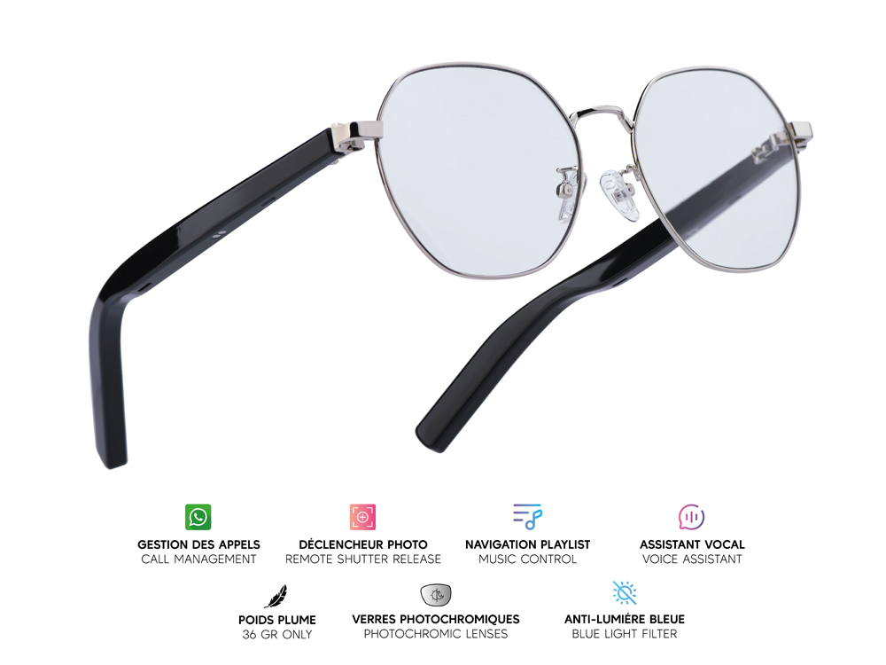 Lunettes connectées Mogie. - Modèle Orion - Branches noires avec cerclage argenté et verres photochromiques