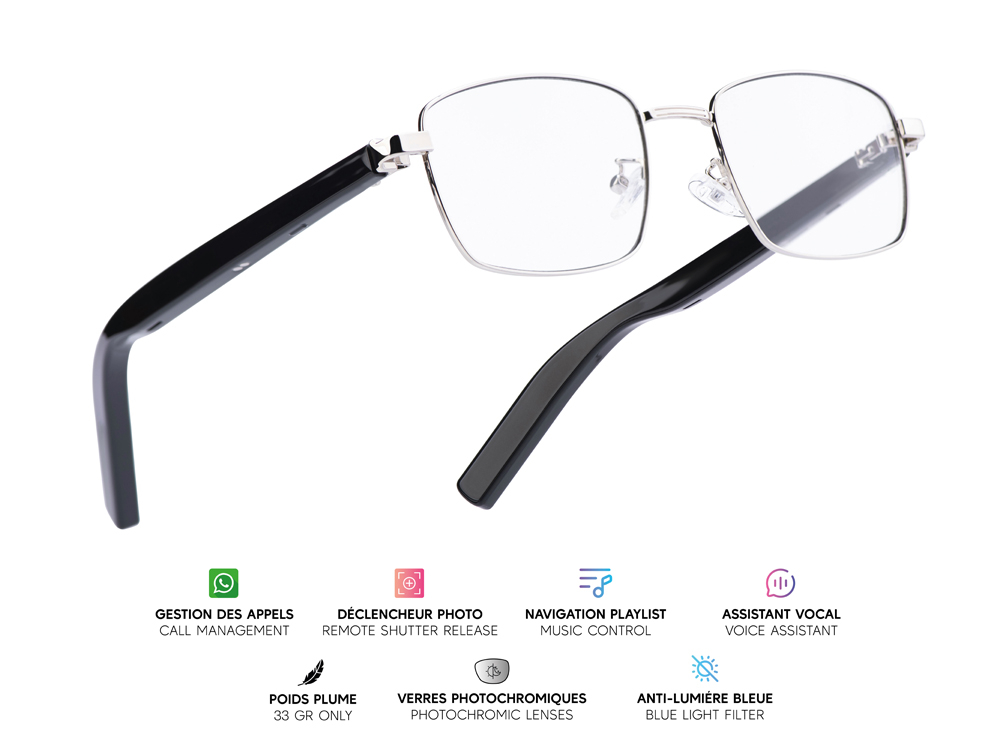 Lunettes connectées Mogie. - Modèle Nova - Branches noires avec cerclage argenté et verres photochromiques