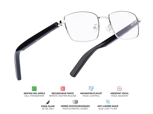 [MG011] Lunettes connectées Mogie. - Modèle Nova - Branches noires avec cerclage argenté et verres photochromiques