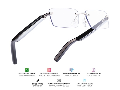 [MG012] Lunettes connectées Mogie. - Modèle Altair - Branches grises avec verres photochromiques