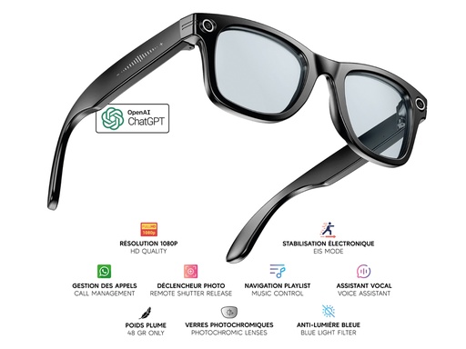 [MG014] Lunettes connectées Mogie.Caméra - Modèle Zenia - Branches noires avec monture noire et verres photochromiques
