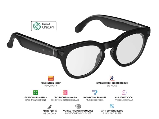 [MG015] Lunettes connectées Mogie.Caméra - Modèle Elara - Branches noires avec monture noire et verres photochromiques
