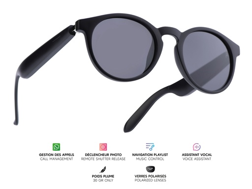 [MG016] Lunettes connectées Mogie. - Modèle Eos - Branches noires avec monture noire et verres solaires polarisés