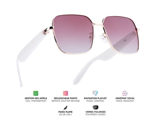[MG020] Lunettes connectées Mogie. - Modèle Nyra - Branches blanches avec monture or rose et verres solaires polarisés