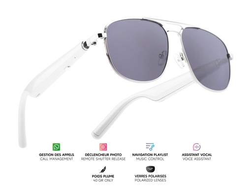 [MG023] Lunettes connectées Mogie. - Modèle Nexis - Branches blanches avec monture argentée et verres solaires polarisés