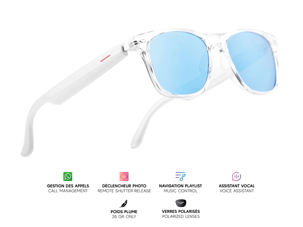 Lunettes connectées Mogie. - Modèle Dione - Branches blanches avec monture transparente et verres teintés bleu