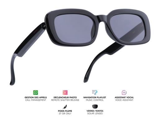 [MG026] Lunettes connectées Mogie. - Modèle Mira - Branches noires avec monture noire et verres solaires