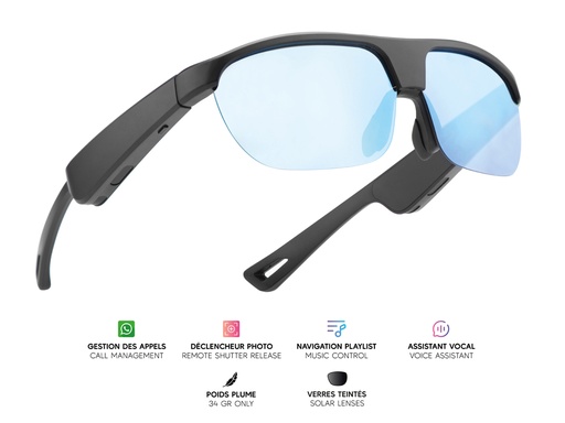 [MG029] Lunettes connectées Mogie. - Modèle Atlas - Branches noires avec monture noire et verres solaires teintés bleu