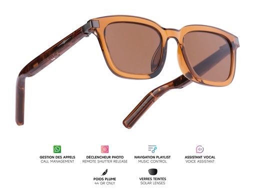 [MG030] Lunettes connectées Mogie. - Modèle Caeli - Branches café translucides avec monture caramel et verres solaires teintés marron