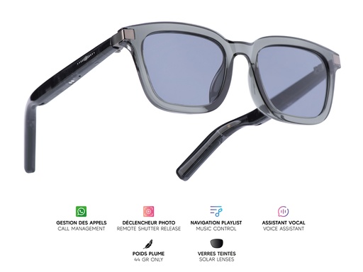 [MG031] Lunettes connectées Mogie. - Modèle Caeli - Branches noires translucides avec monture noire et verres solaires