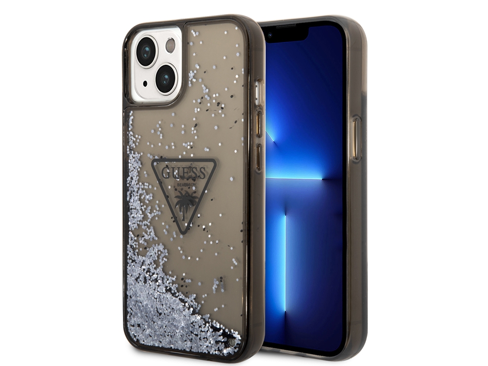 Coque Guess Glitter Palm à paillettes flottantes pour iPhone 14 - Noire translucide