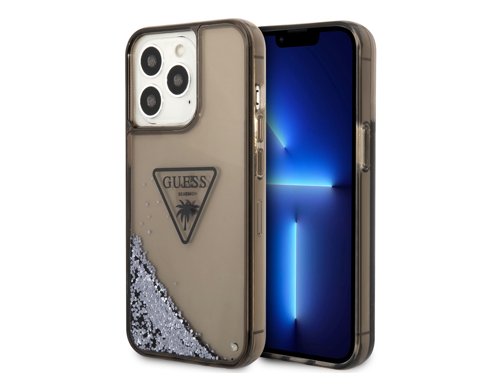 Coque Guess Glitter Palm à paillettes flottantes pour iPhone 14 Pro Max - Noire translucide