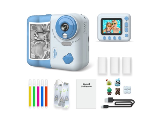 [TK400] Appareil photo numérique enfant avec impression instantanée et accessoires - Modèle Instakid (Bleu)