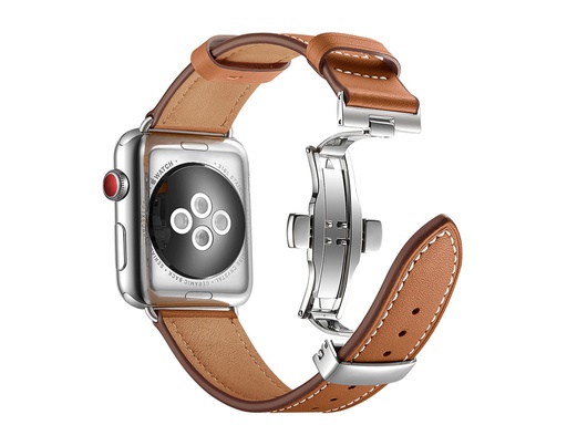 [TTE744] Bracelet en cuir véritable avec boucle déployante pour Apple Watch 38/40 et 41mm (Marron)