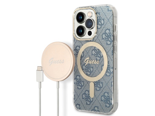 [H2999] Bundle Chargeur 15W Guess Magsafe + Coque Magsafe 4G Bleue pour iPhone 14 Pro Max (Bleu)