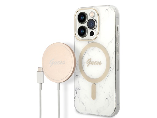 [H3200] Bundle Chargeur 15W Guess Magsafe + Coque Magsafe Marble Blanche pour iPhone 14 Pro (Blanc)