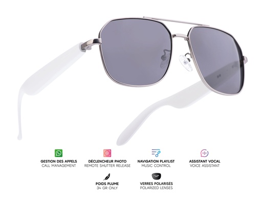 [MG018] Lunettes connectées Mogie. - Modèle Thalos - Branches blanches avec monture argentée mate et verres solaires polarisés (Noir / Gris)