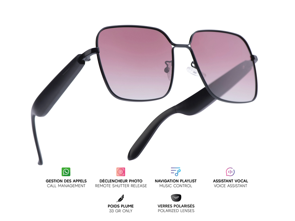 Lunettes connectées Mogie. - Modèle Nyra - Branches noires avec monture or rose et verres solaires polarisés