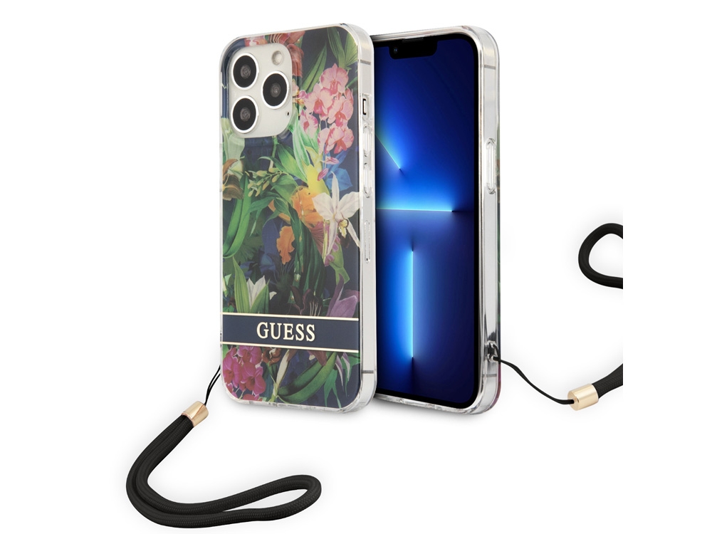 Coque Guess Flowers avec lanière nylon pour iPhone 13 Pro