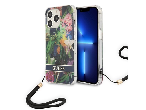 [H0451] Coque Guess Flowers avec lanière nylon pour iPhone 13 Pro (Exotic)