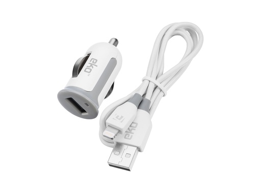 [EKO-0433] Kit 2 en 1 chargeur voiture USB blanc 1A avec câble lightning MFI