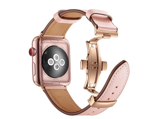 [TTE743] Bracelet en cuir véritable avec boucle déployante pour Apple Watch 42/44 et 45mm - Rose