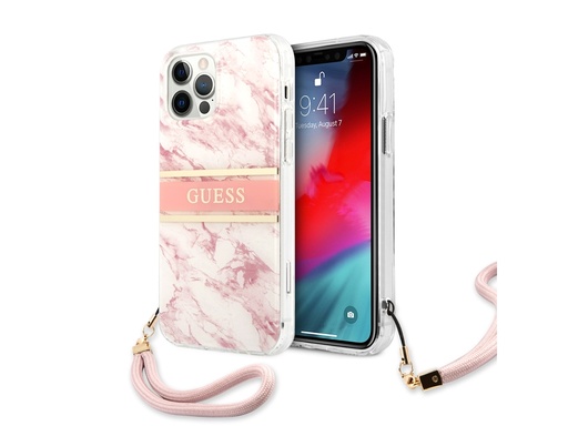 [H3095] Coque Guess Marble Strap avec lanière nylon pour iPhone 12 et iPhone 12 Pro - Rose