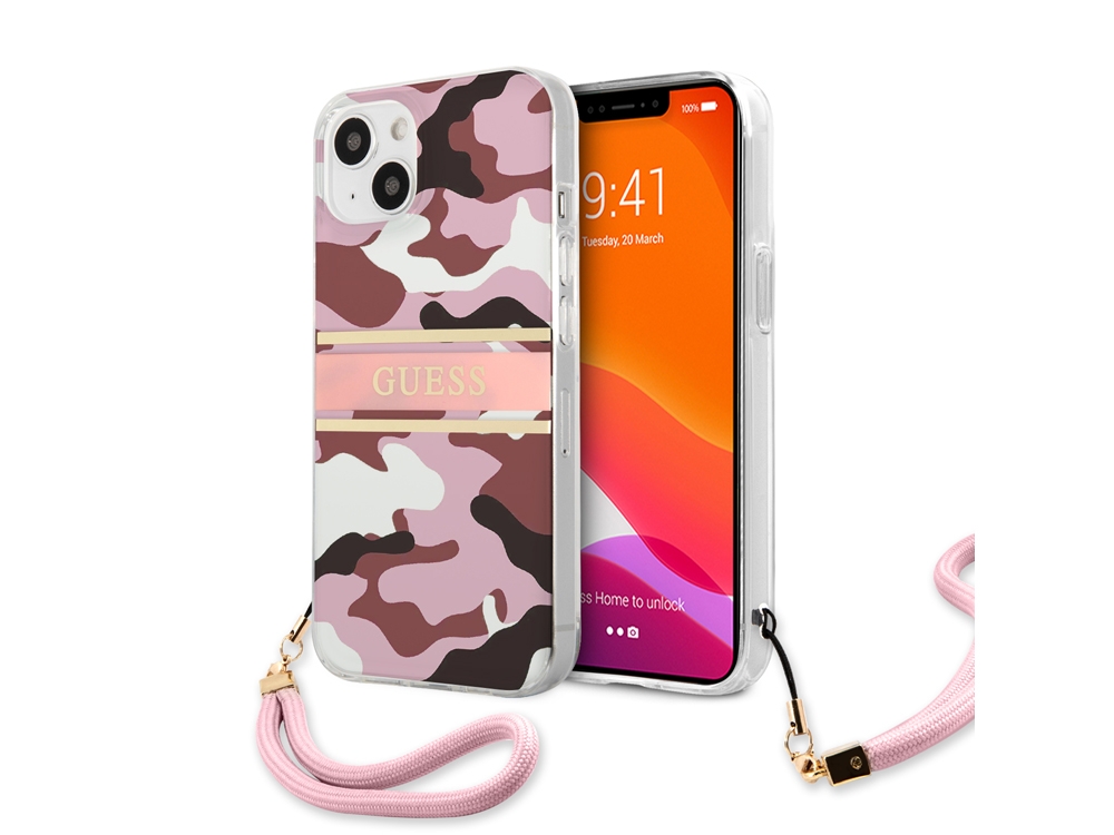 Coque Guess Camo avec lanière nylon pour iPhone 13 Mini - Rose