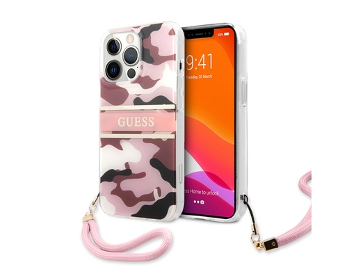 [H3171] Coque Guess Camo avec lanière nylon pour iPhone 13 Pro - Rose