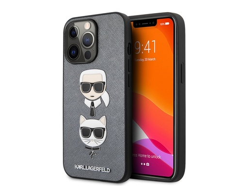 [H8718] Coque Karl Lagerfeld Saffiano Karl & Choupette pour iPhone 13 Pro - Grise