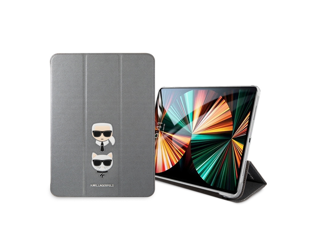 Etui Karl Lagerfeld Saffiano Folio Karl & Choupette pour iPad Pro 12,9 pouces 2020/2021 - Gris