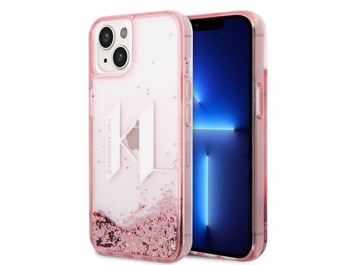[H5643] Coque Karl Lagerfeld Glitter KL à paillettes flottantes pour iPhone 14 - Rose
