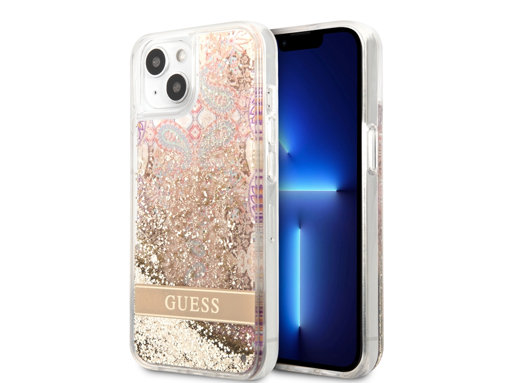 Coque Guess Flowers à paillettes flottantes pour iPhone 14 Plus - Golden Paradise