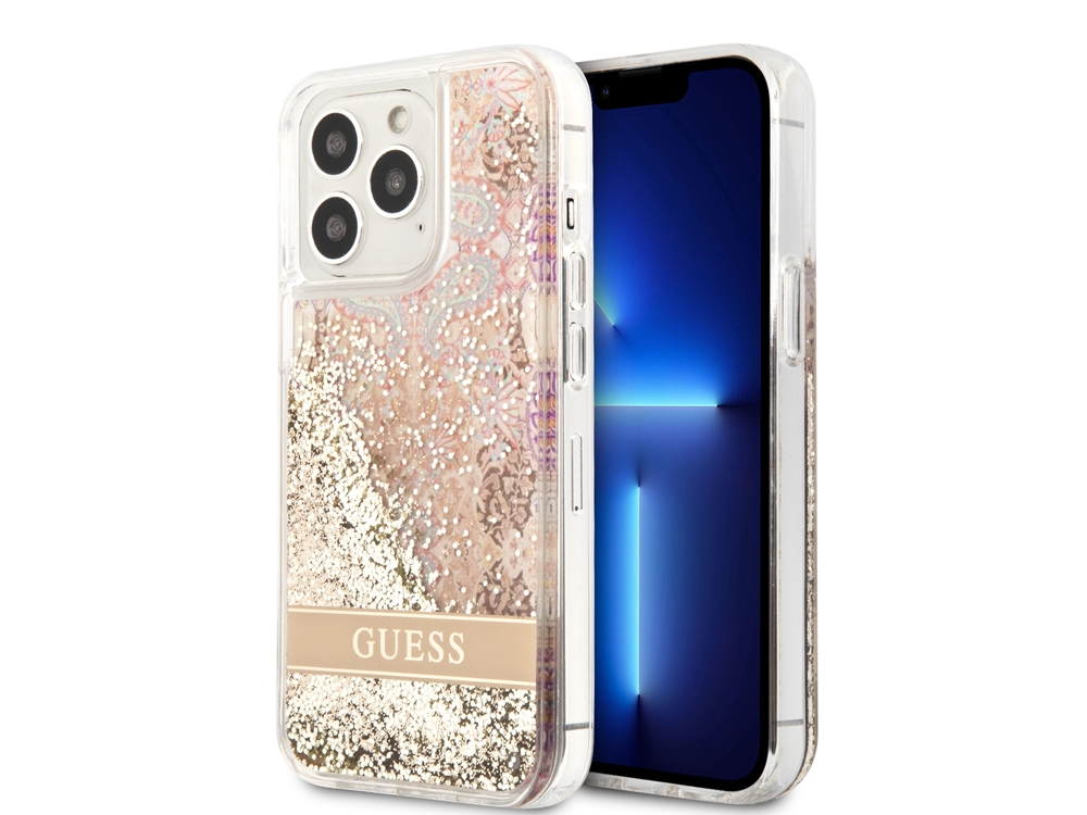 Coque Guess Flowers à paillettes flottantes pour iPhone 14 Pro - Golden Paradise