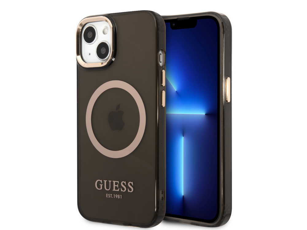 Coque Guess TPU Magsafe Gold Outline pour iPhone 14 Plus - Noire translucide