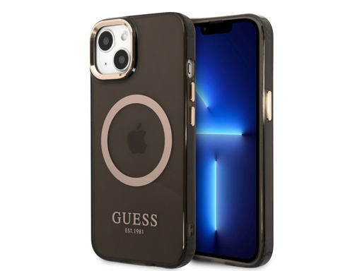 [H9599] Coque Guess TPU Magsafe Gold Outline pour iPhone 14 Plus - Noire translucide