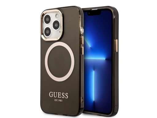 [H9605] Coque Guess TPU Magsafe Gold Outline pour iPhone 14 Pro - Noire translucide