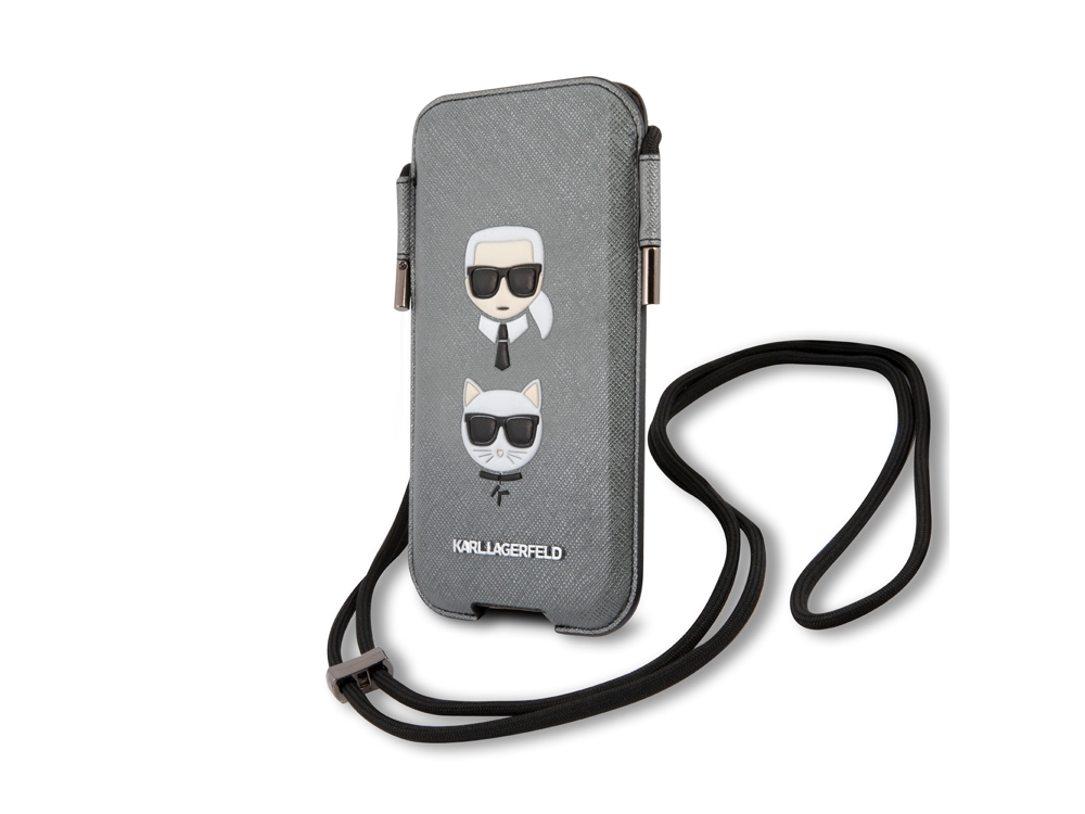 Pochette à cordon Karl Lagerfeld Saffiano pour smartphone 6.1'' - Modèle Karl & Choupette - Grise