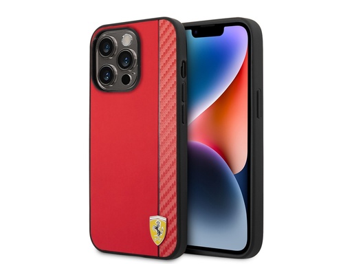 [H3863] Coque FERRARI en cuir synthétique effet carbone pour iPhone 14 Pro - Rouge