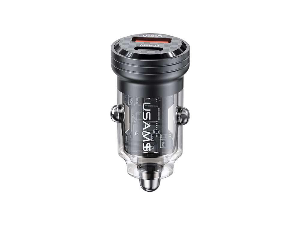 Chargeur voiture 45W Port USB-A et USB-C - Noir transparent